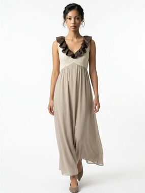 Goddess Empire Waist Chiffon Ruffle V-Neck Sleeveless Romanic 2 Tone Maxi Dress